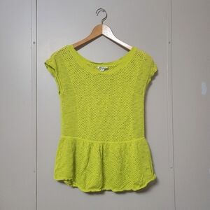 American Eagle knit crochet mesh neon green yellow top peplum cotton - M